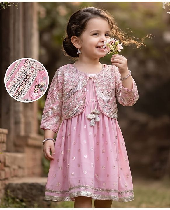 Babyhug Chanderi Woven Ethnic Dress and Jacket with Three Fourth Sleeves and Floral Sequin Embroidery in Pink