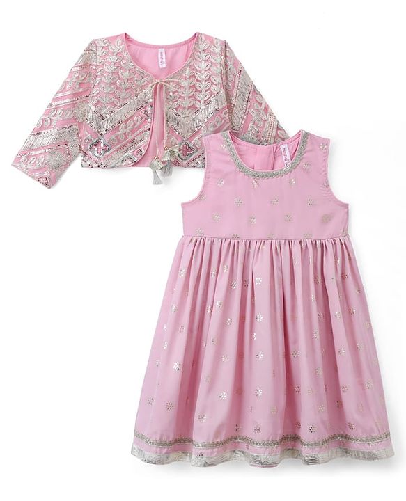 Babyhug Chanderi Woven Ethnic Dress and Jacket with Three Fourth Sleeves and Floral Sequin Embroidery in Pink