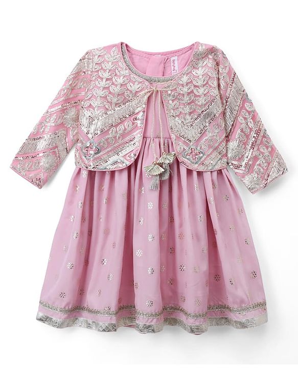 Babyhug Chanderi Woven Ethnic Dress and Jacket with Three Fourth Sleeves and Floral Sequin Embroidery in Pink