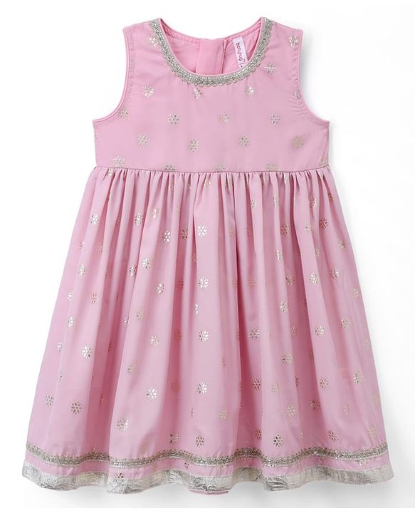 Babyhug Chanderi Woven Ethnic Dress and Jacket with Three Fourth Sleeves and Floral Sequin Embroidery in Pink