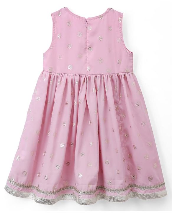 Babyhug Chanderi Woven Ethnic Dress and Jacket with Three Fourth Sleeves and Floral Sequin Embroidery in Pink