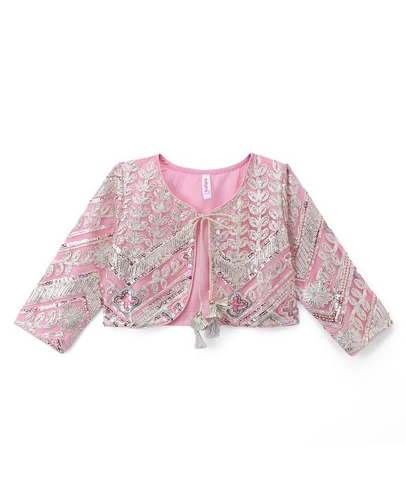 Babyhug Chanderi Woven Ethnic Dress and Jacket with Three Fourth Sleeves and Floral Sequin Embroidery in Pink
