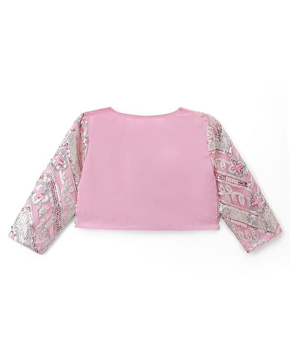 Babyhug Chanderi Woven Ethnic Dress and Jacket with Three Fourth Sleeves and Floral Sequin Embroidery in Pink