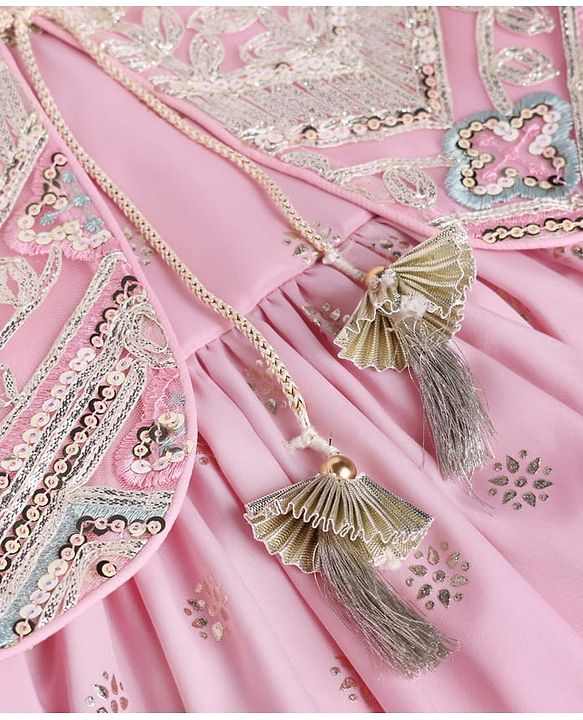 Babyhug Chanderi Woven Ethnic Dress and Jacket with Three Fourth Sleeves and Floral Sequin Embroidery in Pink