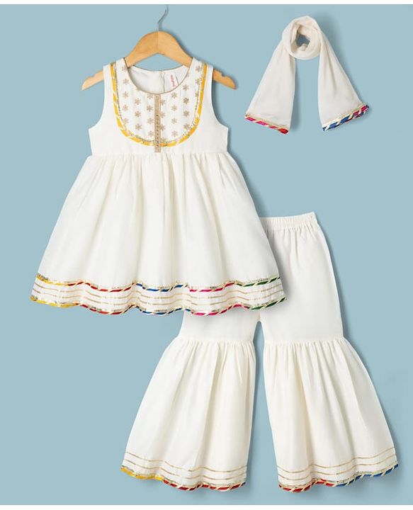 Babyhug Cotton Blend Woven Sleeveless Lace Detailing Kurti & Gharara Set With Dupatta - White