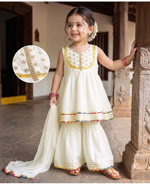 Babyhug Cotton Blend Woven Sleeveless Lace Detailing Kurti & Gharara Set With Dupatta - White