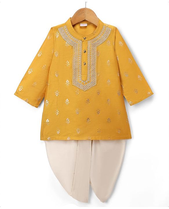 Babyhug Cotton Blend Woven Full Sleeves Kurta & Dhoti Set With Foil Print - Mustard
