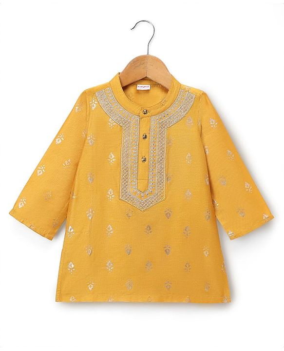 Babyhug Cotton Blend Woven Full Sleeves Kurta & Dhoti Set With Foil Print - Mustard