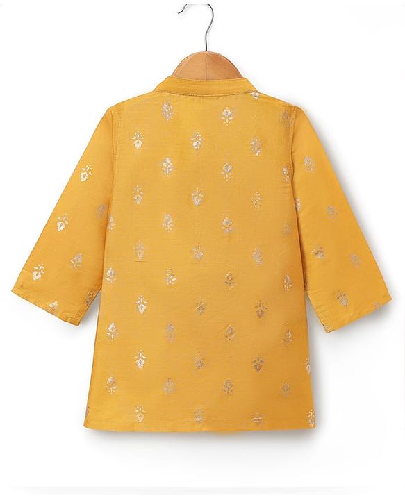 Babyhug Cotton Blend Woven Full Sleeves Kurta & Dhoti Set With Foil Print - Mustard