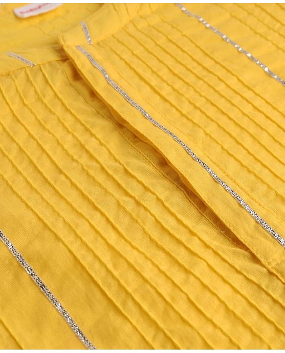 Babyhug Cotton Blend Woven Full Sleeves Embroidered Pintucked Kurta Pyjama Set With Lace Work - Yellow