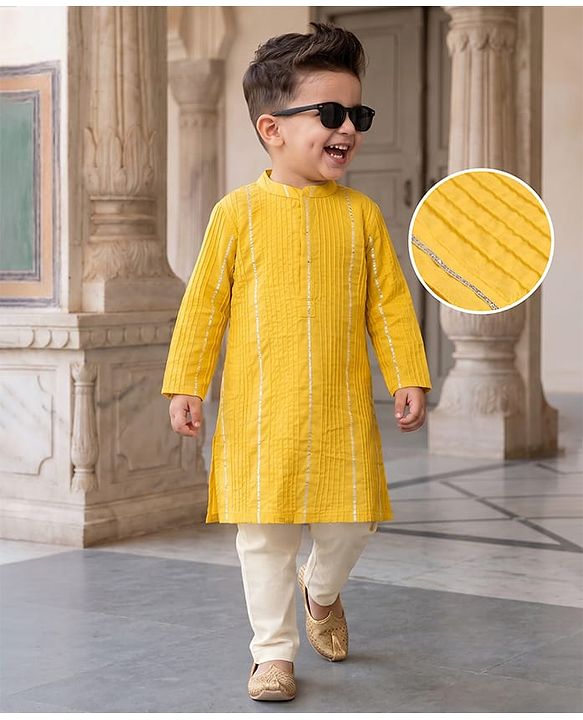 Babyhug Cotton Blend Woven Full Sleeves Embroidered Pintucked Kurta Pyjama Set With Lace Work - Yellow