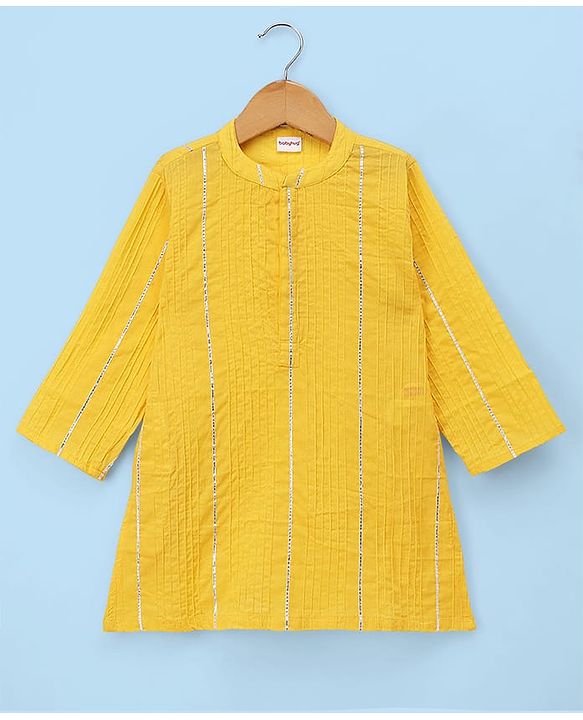 Babyhug Cotton Blend Woven Full Sleeves Embroidered Pintucked Kurta Pyjama Set With Lace Work - Yellow
