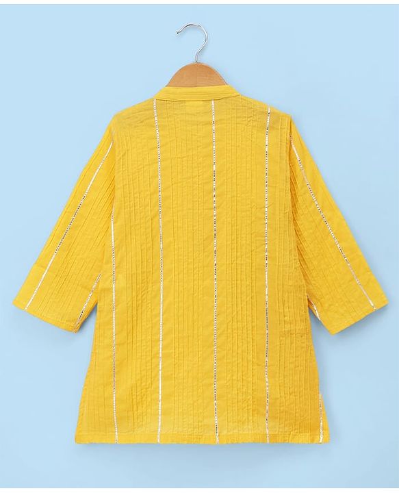 Babyhug Cotton Blend Woven Full Sleeves Embroidered Pintucked Kurta Pyjama Set With Lace Work - Yellow
