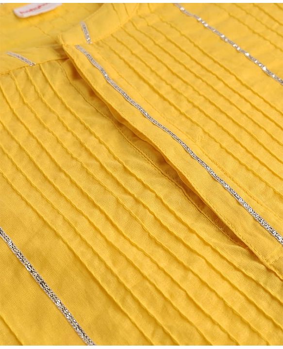 Babyhug Cotton Blend Woven Full Sleeves Embroidered Pintucked Kurta Pyjama Set With Lace Work - Yellow