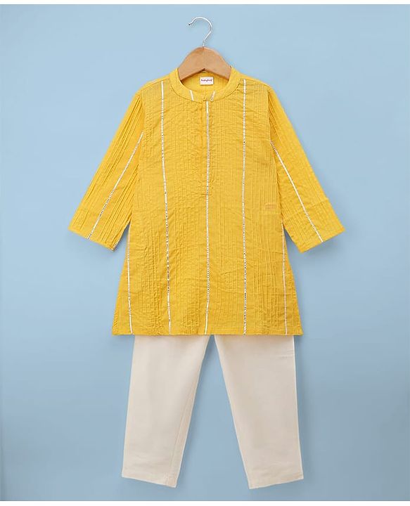Babyhug Cotton Blend Woven Full Sleeves Embroidered Pintucked Kurta Pyjama Set With Lace Work - Yellow