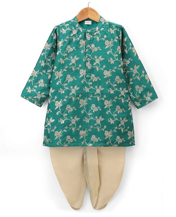 Babyhug Brocade Woven Full Sleeves Kurta Dhoti Set With Floral Zaari Work - Green