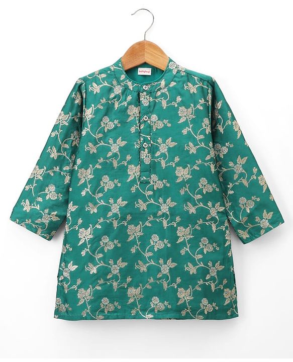 Babyhug Brocade Woven Full Sleeves Kurta Dhoti Set With Floral Zaari Work - Green