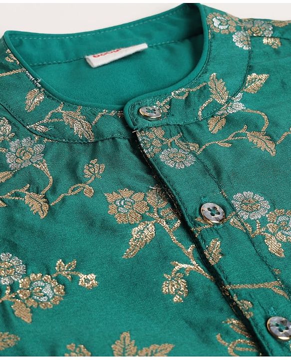 Babyhug Brocade Woven Full Sleeves Kurta Dhoti Set With Floral Zaari Work - Green