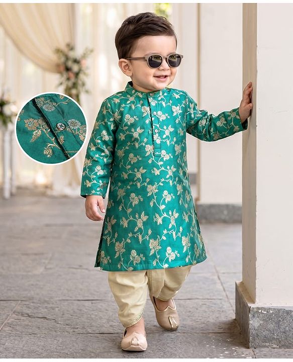Babyhug Brocade Woven Full Sleeves Kurta Dhoti Set With Floral Zaari Work - Green