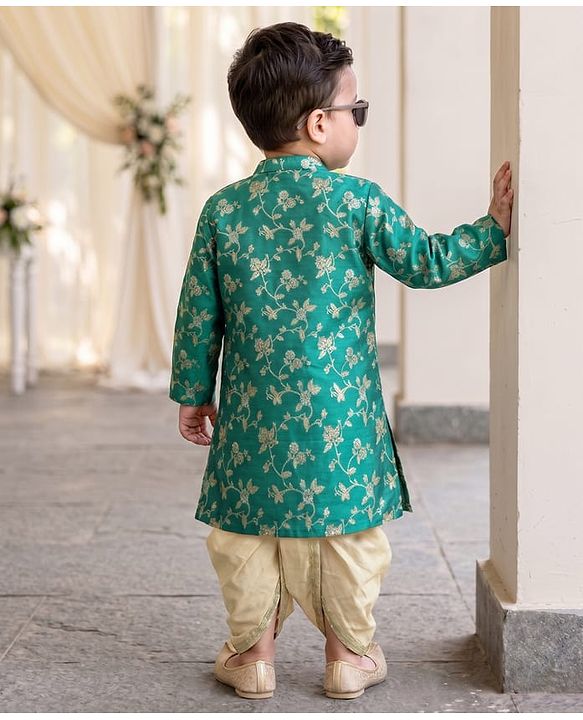 Babyhug Brocade Woven Full Sleeves Kurta Dhoti Set With Floral Zaari Work - Green