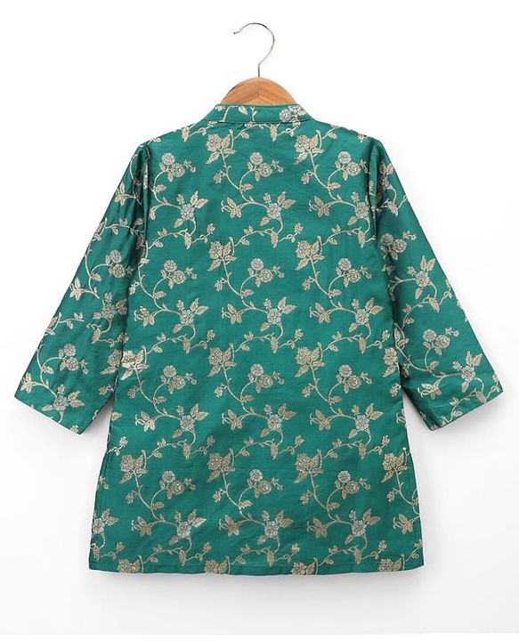 Babyhug Brocade Woven Full Sleeves Kurta Dhoti Set With Floral Zaari Work - Green