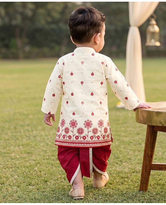 Babyhug Chanderi Woven Full Length Dhoti & Kurta Set with Full Sleeves and Floral Print - Offwhite