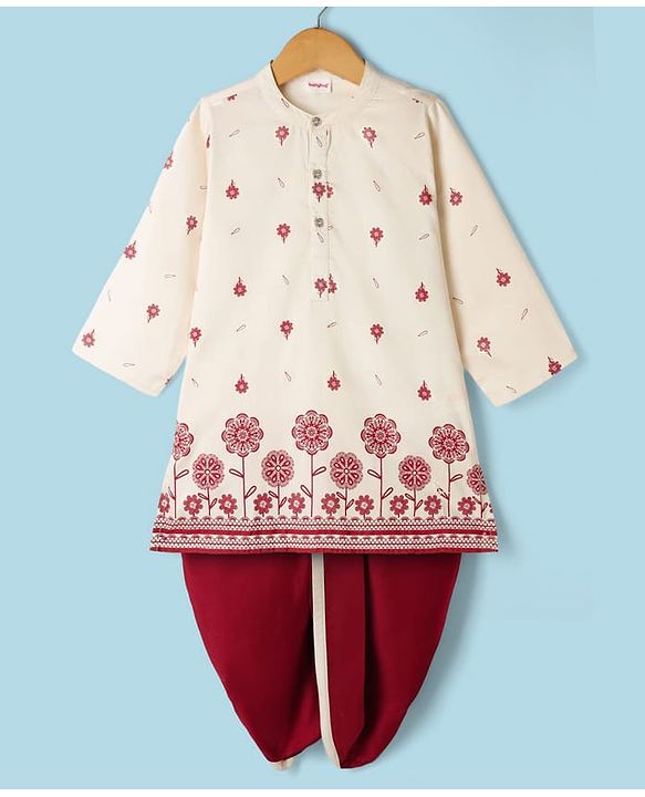 Babyhug Chanderi Woven Full Length Dhoti & Kurta Set with Full Sleeves and Floral Print - Offwhite