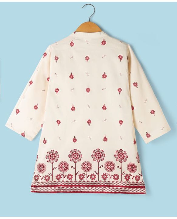 Babyhug Chanderi Woven Full Length Dhoti & Kurta Set with Full Sleeves and Floral Print - Offwhite