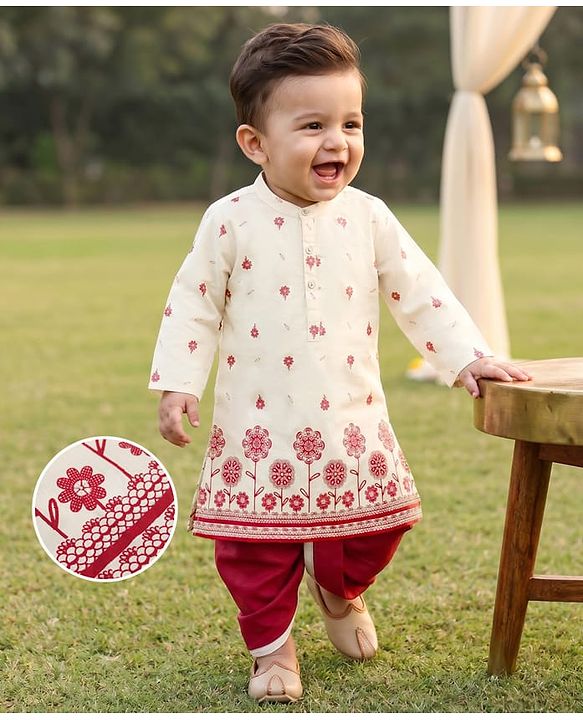 Babyhug Chanderi Woven Full Length Dhoti & Kurta Set with Full Sleeves and Floral Print - Offwhite