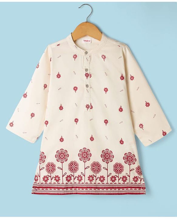 Babyhug Chanderi Woven Full Length Dhoti & Kurta Set with Full Sleeves and Floral Print - Offwhite