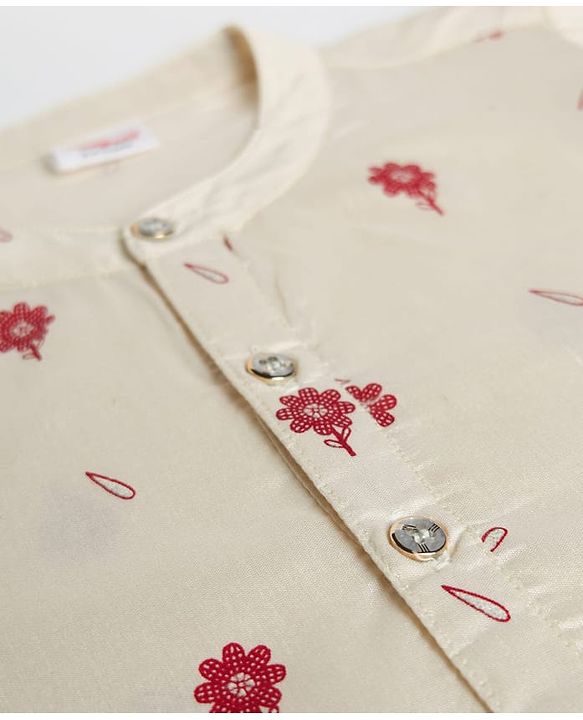 Babyhug Chanderi Woven Full Length Dhoti & Kurta Set with Full Sleeves and Floral Print - Offwhite