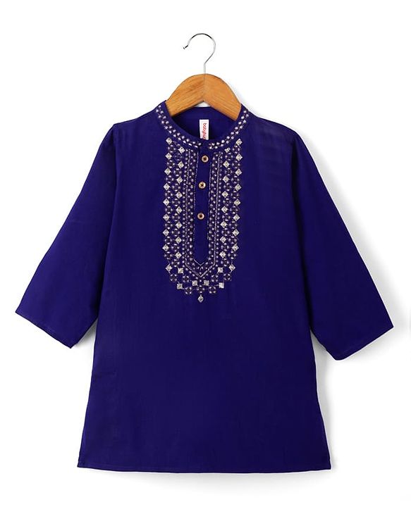 Babyhug Cotton blend Woven Kurta Pyjama Set with Full Sleeves and Geometric Embroidery in Navy Blue
