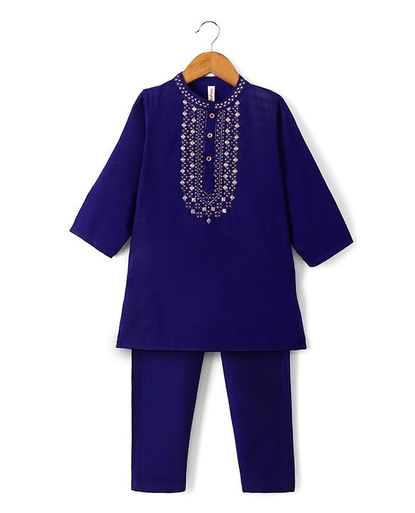 Babyhug Cotton blend Woven Kurta Pyjama Set with Full Sleeves and Geometric Embroidery in Navy Blue