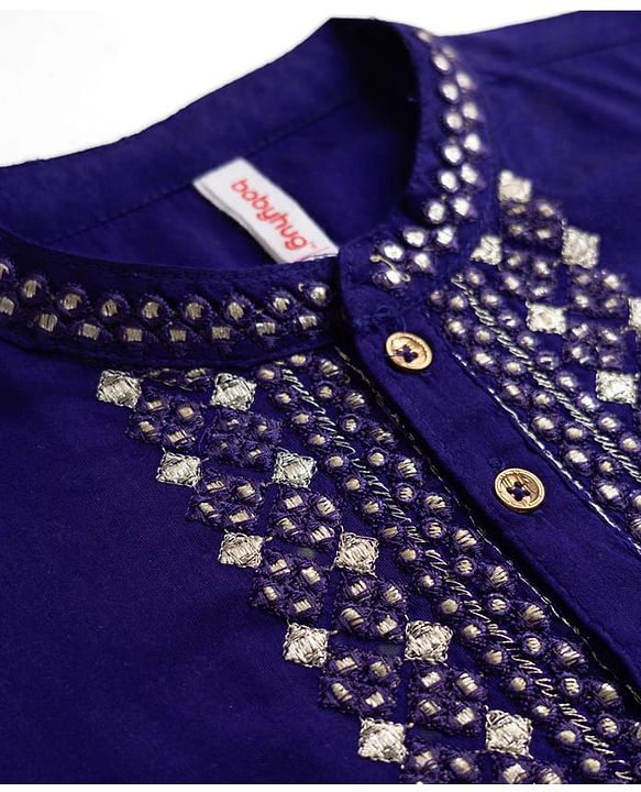 Babyhug Cotton blend Woven Kurta Pyjama Set with Full Sleeves and Geometric Embroidery in Navy Blue