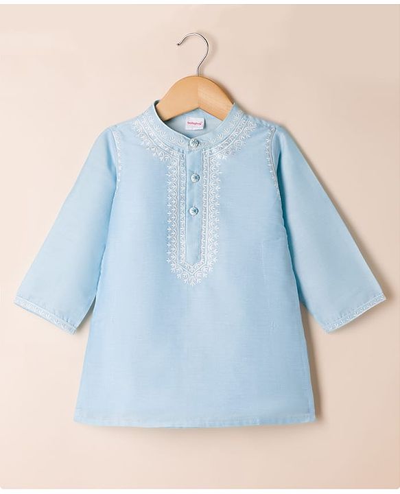 Babyhug Cotton Mix Woven Full Length Dhoti & Kurta Set with Full Sleeves and Embroidery - Light Blue