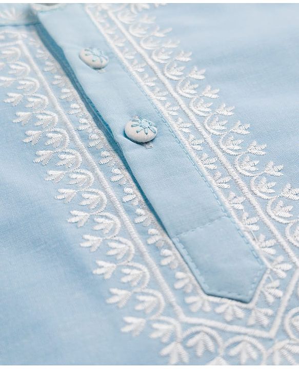 Babyhug Cotton Mix Woven Full Length Dhoti & Kurta Set with Full Sleeves and Embroidery - Light Blue