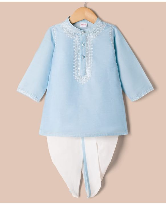 Babyhug Cotton Mix Woven Full Length Dhoti & Kurta Set with Full Sleeves and Embroidery - Light Blue