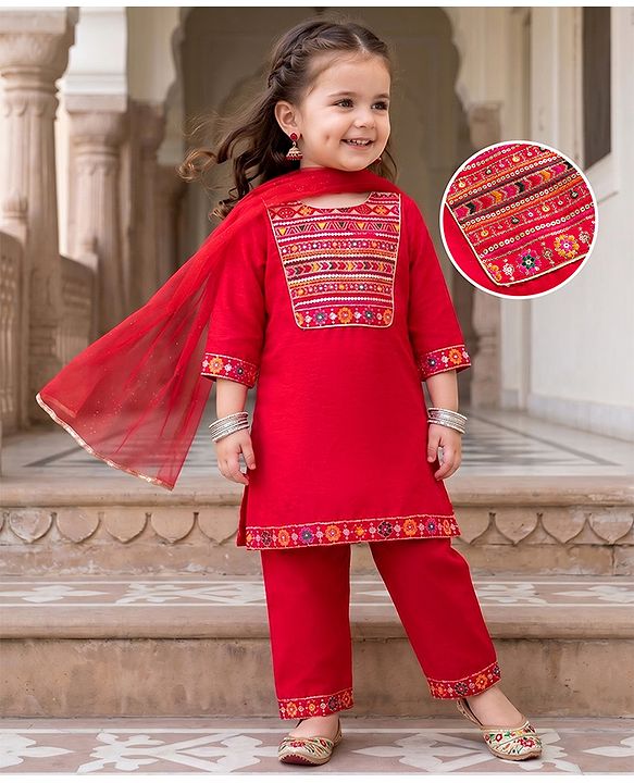 Babyhug Woven Three-Fourth Sequined Kurti & Palazzo Set With Dupatta - Red