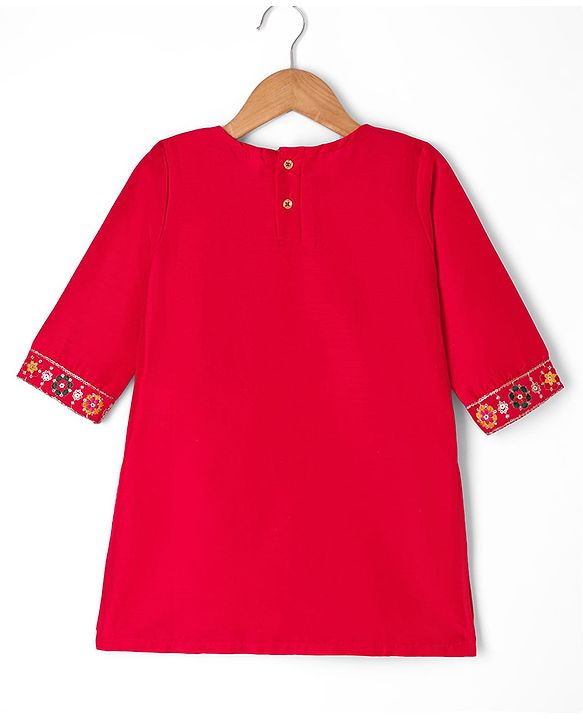 Babyhug Woven Three-Fourth Sequined Kurti & Palazzo Set With Dupatta - Red