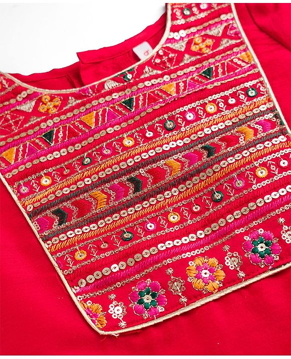 Babyhug Woven Three-Fourth Sequined Kurti & Palazzo Set With Dupatta - Red