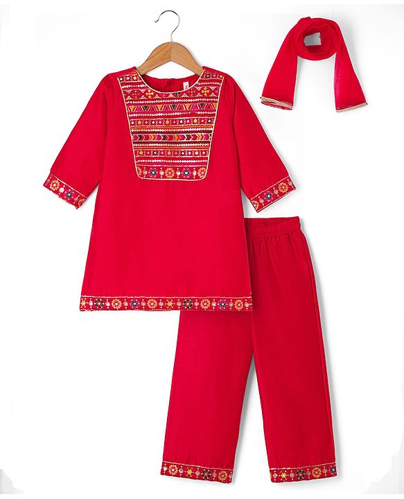 Babyhug Woven Three-Fourth Sequined Kurti & Palazzo Set With Dupatta - Red