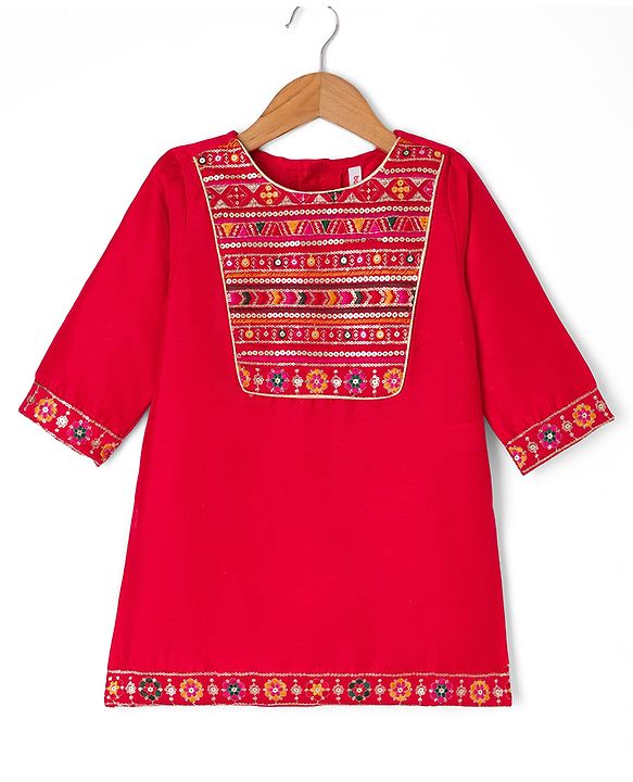Babyhug Woven Three-Fourth Sequined Kurti & Palazzo Set With Dupatta - Red