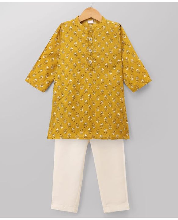 Babyhug 100% Cotton Cambric Woven Full Sleeves Floral Printed Kurta Pyjama - Yellow