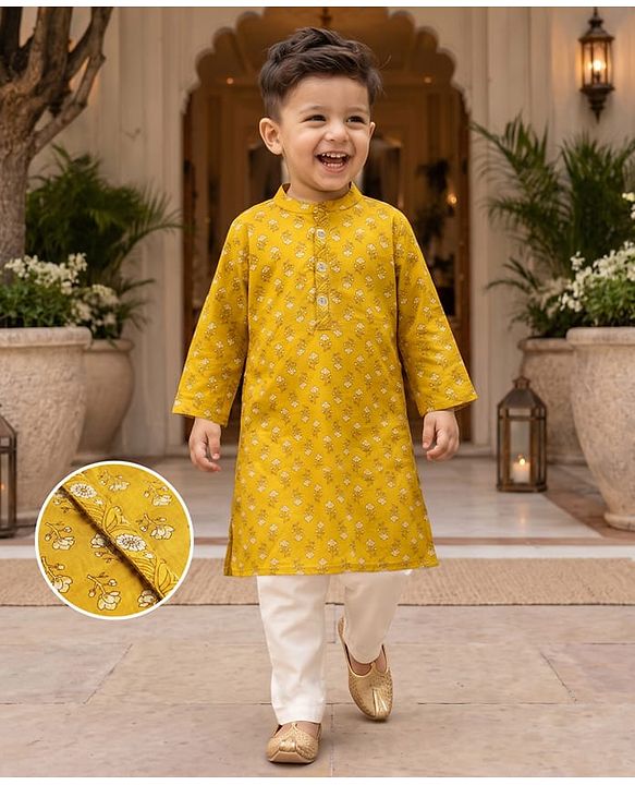 Babyhug 100% Cotton Cambric Woven Full Sleeves Floral Printed Kurta Pyjama - Yellow