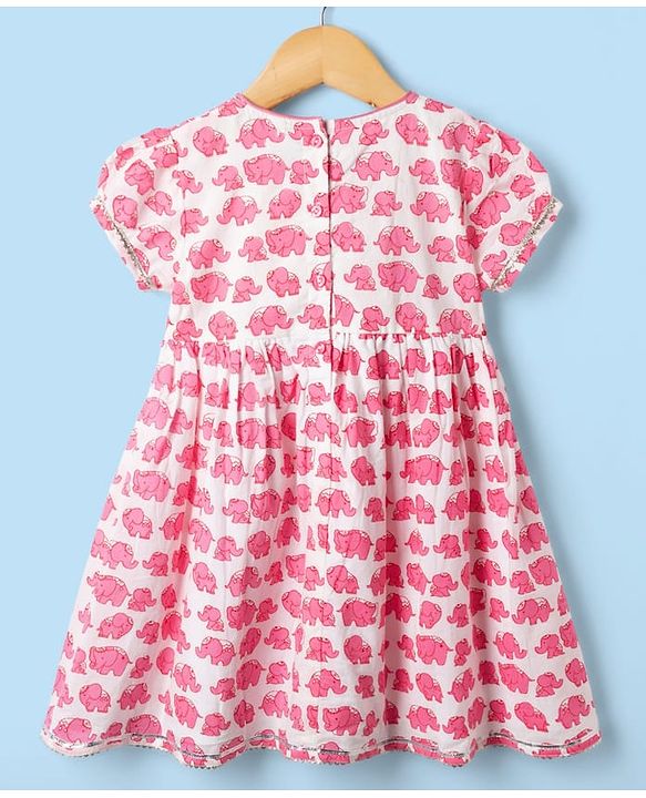 Babyhug 100% Cotton Cambric Woven Half Sleeves Elephant Printed Ethnic Dress - White