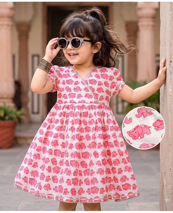 Babyhug 100% Cotton Cambric Woven Half Sleeves Elephant Printed Ethnic Dress - White
