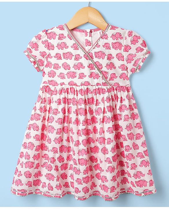 Babyhug 100% Cotton Cambric Woven Half Sleeves Elephant Printed Ethnic Dress - White