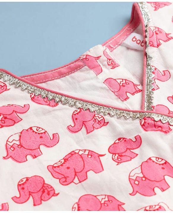 Babyhug 100% Cotton Cambric Woven Half Sleeves Elephant Printed Ethnic Dress - White