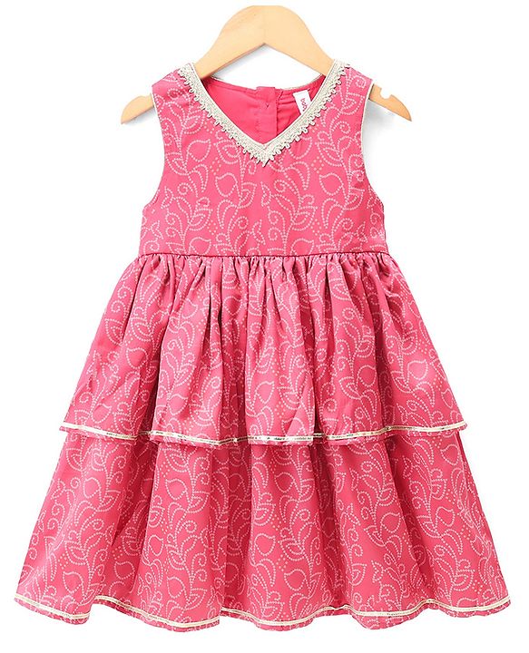Babyhug Woven Ethnic Dress with Sleeveless and Leaf Print in Light Red