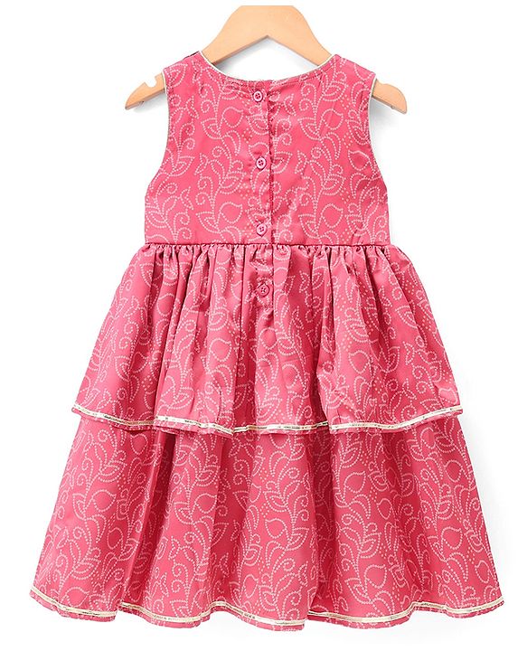 Babyhug Woven Ethnic Dress with Sleeveless and Leaf Print in Light Red